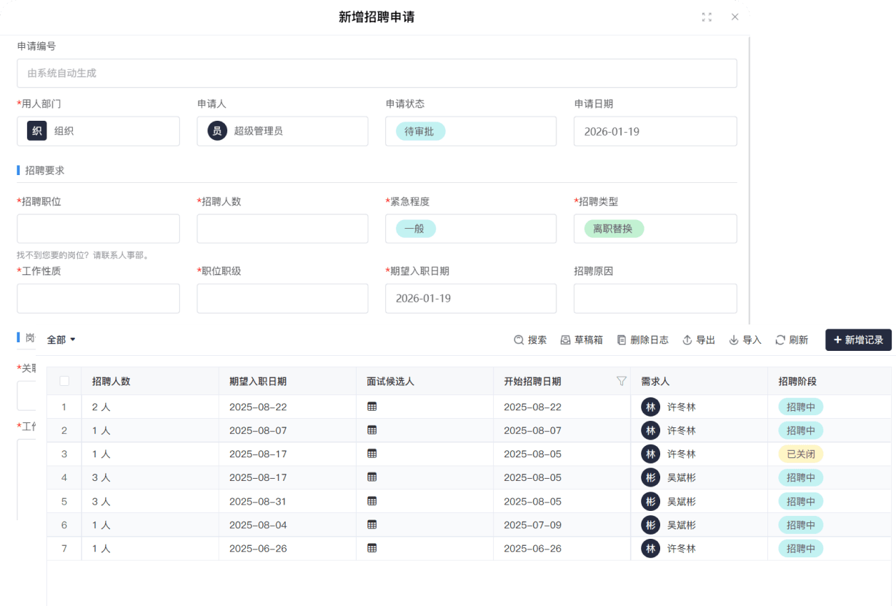 招聘申请与职位管理界面
